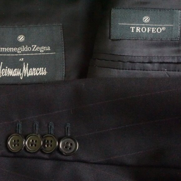 Ermenegildo Zegna Trofeo Navy Striped 100% Wool 2 Pc Suit Jacket Pants Sz 44S - Picture 1 of 13